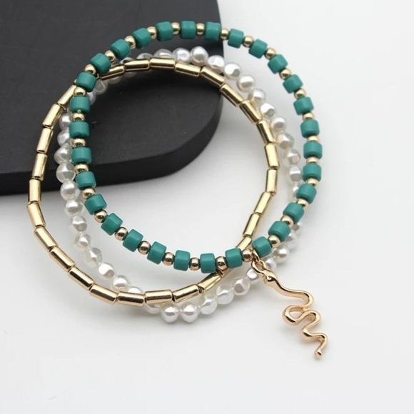 3 Bohemian bracelets set golden snake turquoise pearl gold multi layer stretch b - Picture 1 of 6